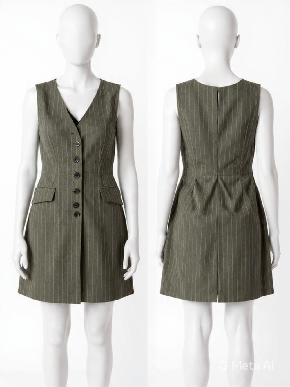 Grey Pinstripe V-Neck Button-Front Mini Dress-A20